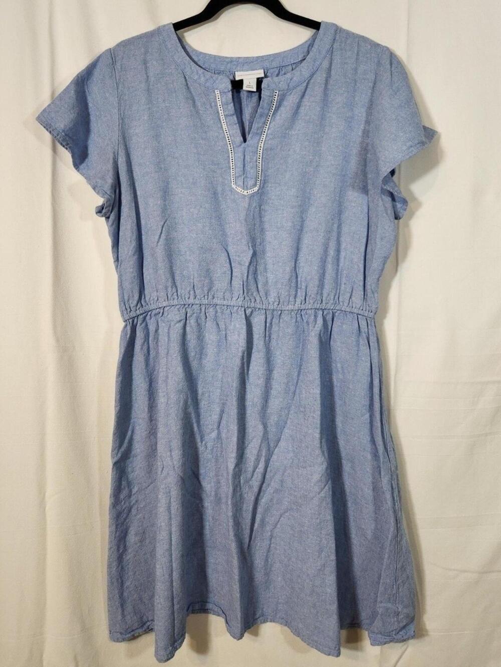Liz Claiborne Large Light Blue Linen Blend Elastic Waist Embroidered Shift Dress - Picture 3 of 7
